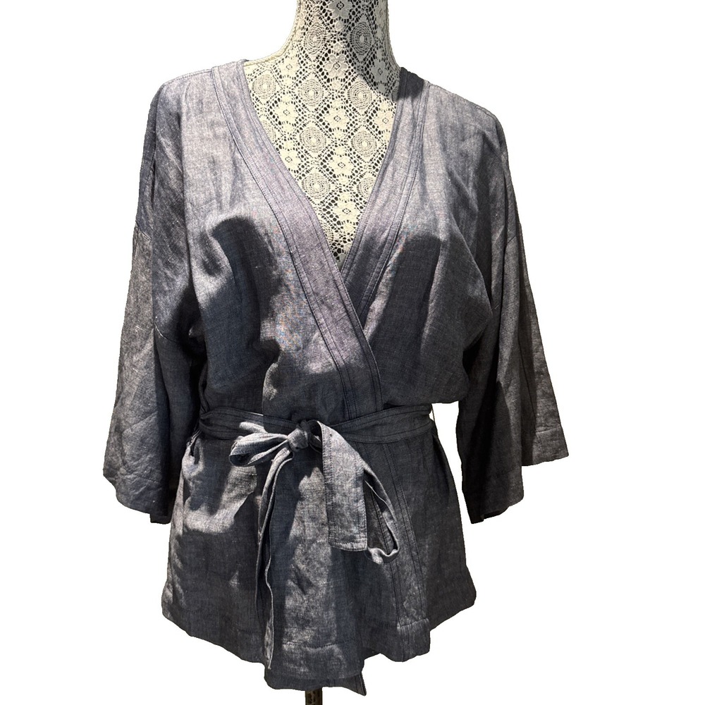 Halston Linen blend wrap woman's top heather blue belted V neck small